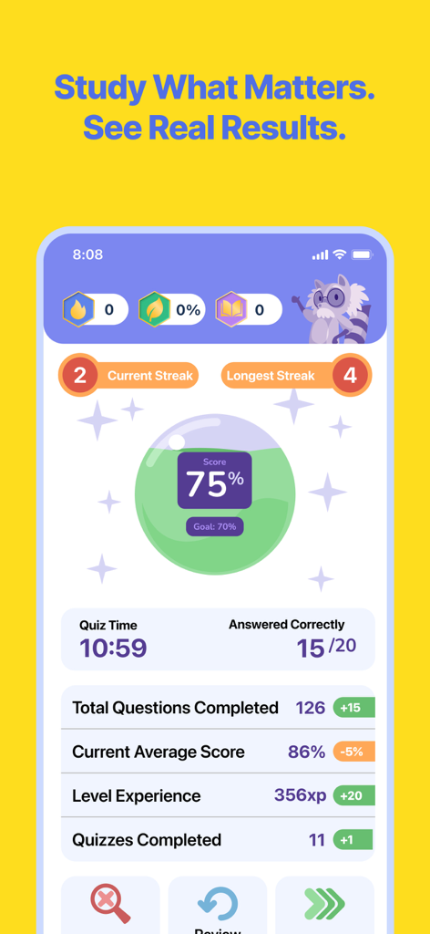 Dashboard showing study progress and quiz results in the Esthetician and Cosmetology exam prep app