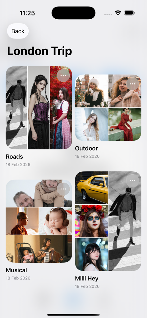 Sehory - Photo Collage Layout - Interfaz de la aplicación Sehory que muestra una galería de collages de fotos guardados con diferentes diseños de cuadrícula