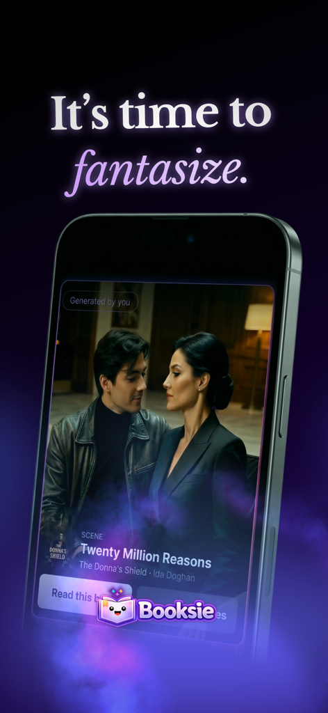 Booksie - Booksie mobile app interface displaying an AI-generated romantic scene from a digital story