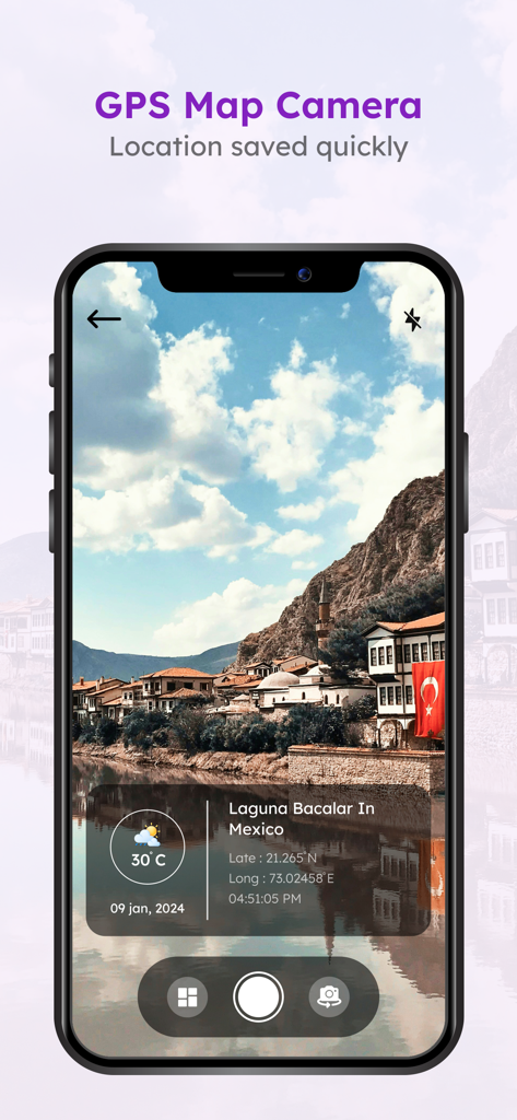 GPS Timestamp Camera - GPS Map - Un teléfono inteligente que muestra una foto de un paisaje con una superposición de datos GPS que incluye ubicación, coordenadas, clima y hora.