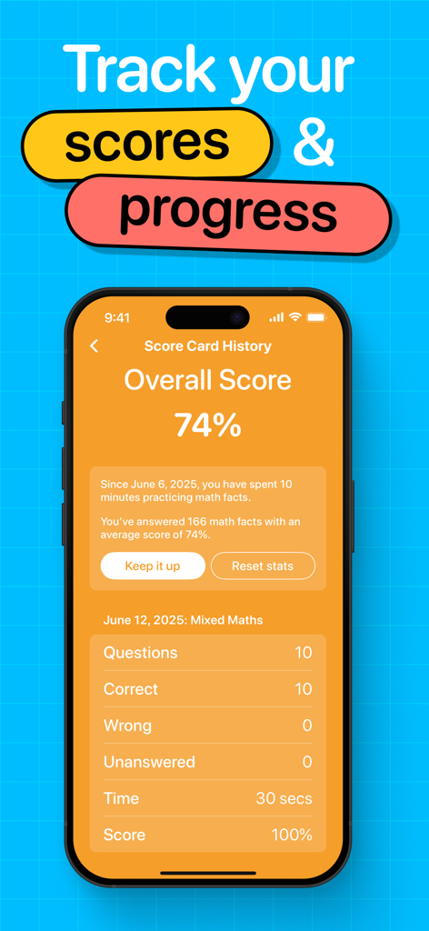 Math Facts app scorecard history screen displaying student progress and accuracy statistics