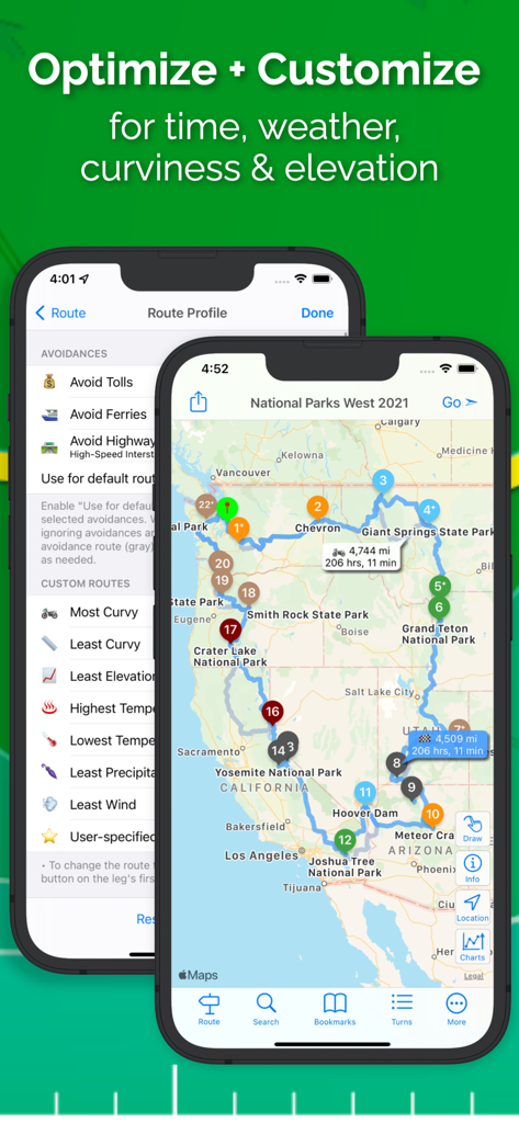 inRouteアプリのルートカスタマイズオプションと、アメリカ西部の詳細なロードトリップマップを示すスマートフォン画面。