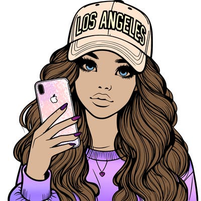 realistic beautiful girl wearing los ángeles cap holding an iphone