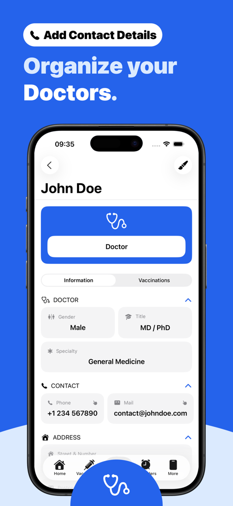 Immunization Record – Vaccy - Vaccy app screen showing a doctor profile with contact information and specialty details