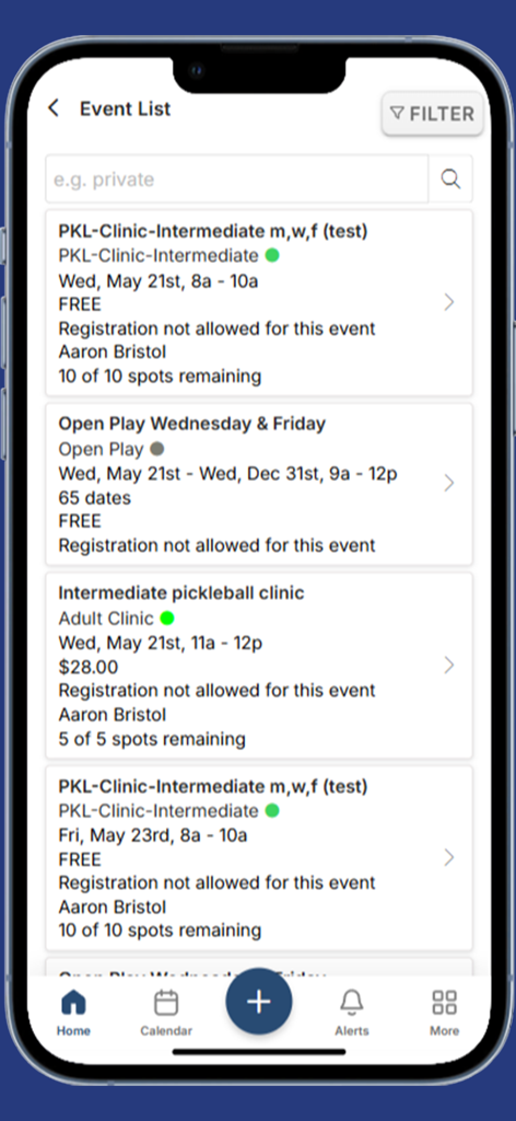 BSC CourtReserve - Mobile app screen displaying a list of available pickleball clinics and open play sessions