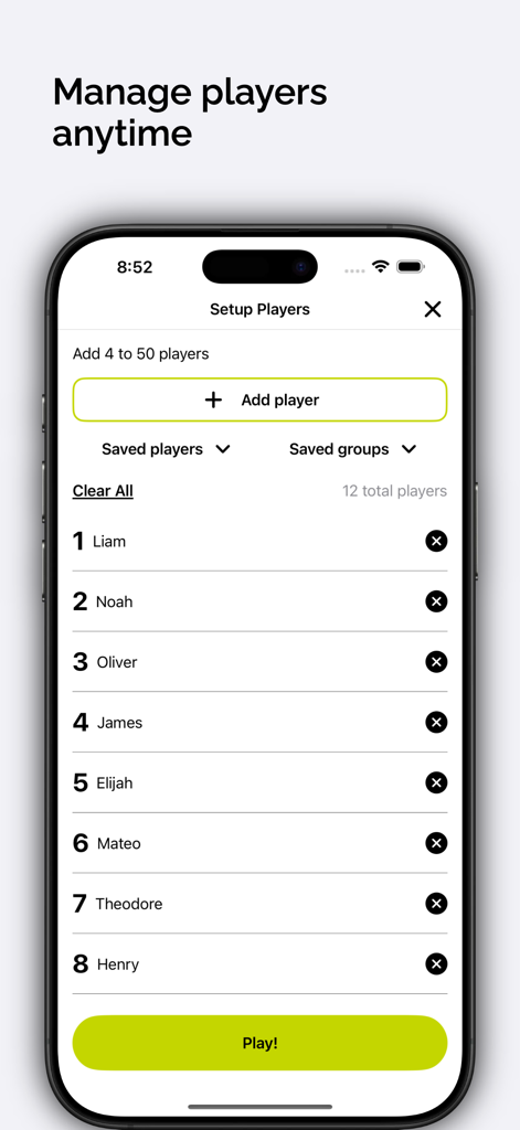 Pickleball Pro - Mobile app interface for managing and adding a list of players in the Pickleball Pro setup screen