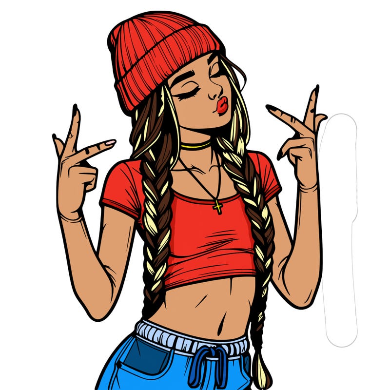 realistic teenage girl with braids and a beanie and crop top doing 🫶🏼