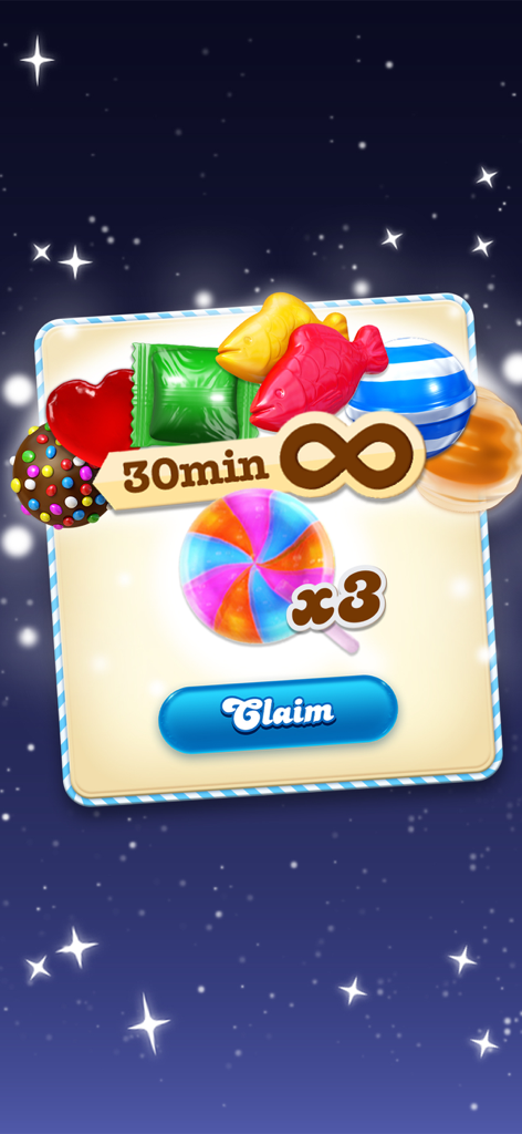 Candy Crush Soda Saga - Candy Crush Soda Saga rewards screen with infinite lives and boosters