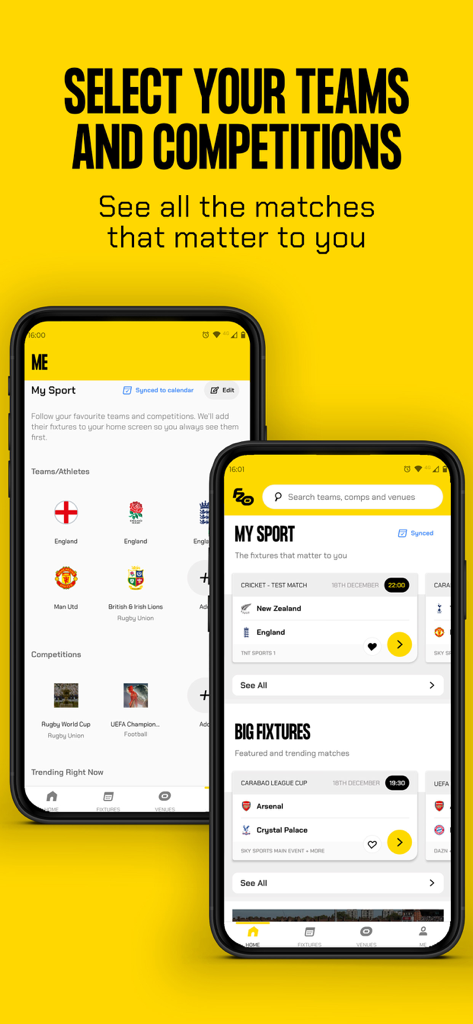 FANZO: Sports Bar Finder - Interface of FANZO app showing the team selection screen and a list of upcoming sports fixtures.