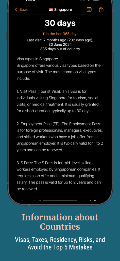 Country Days Tracker app screen showing Singapore visa types and stay duration statistics