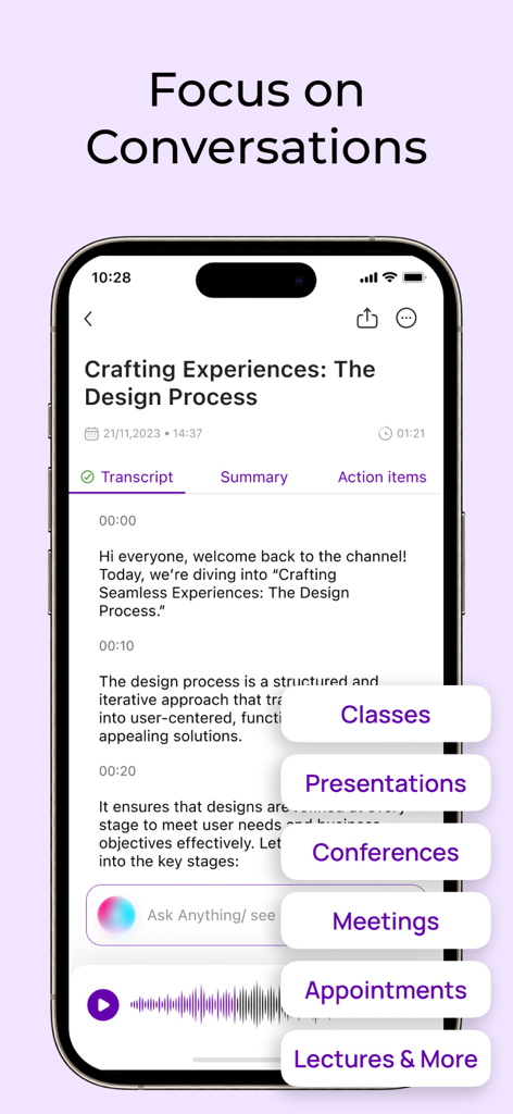 Flow AI: Voice Note Taker App - A mobile app interface showing a voice-to-text transcript with AI summary and action items options.