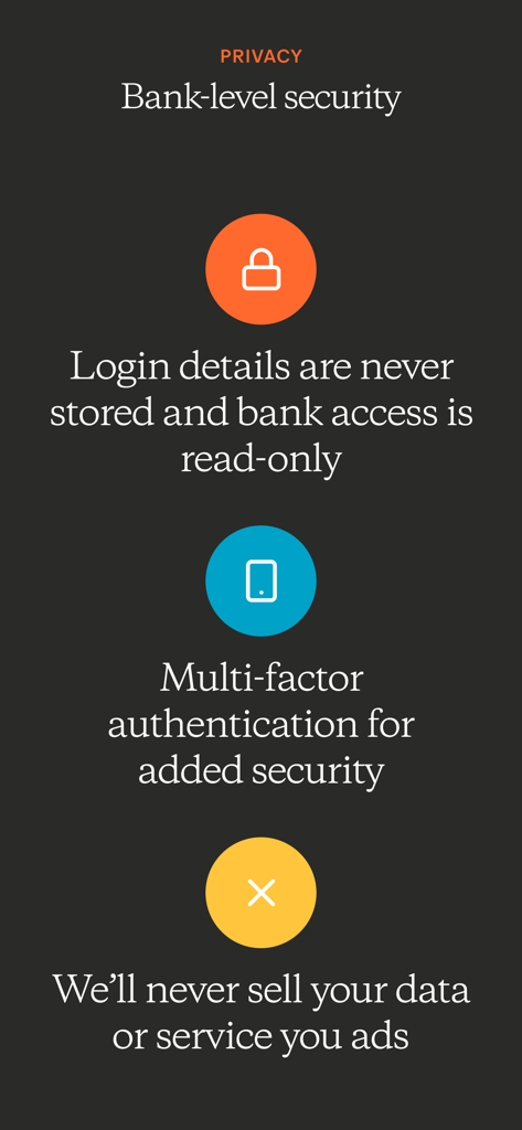 Monarch: Budget & Track Money - Monarch Money app privacy and security features overview showing bank-level security and no ads.