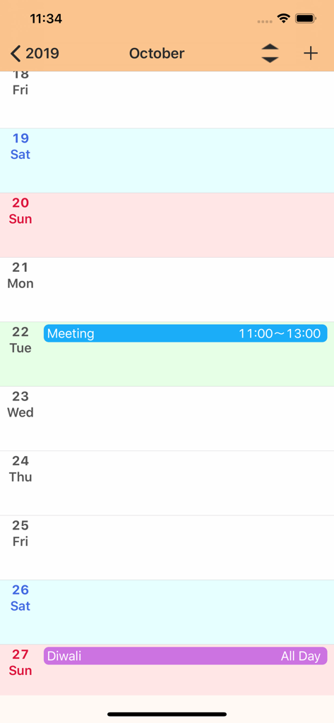 Vertical calendar view of the MagiCal2 app showing scheduled events for October
