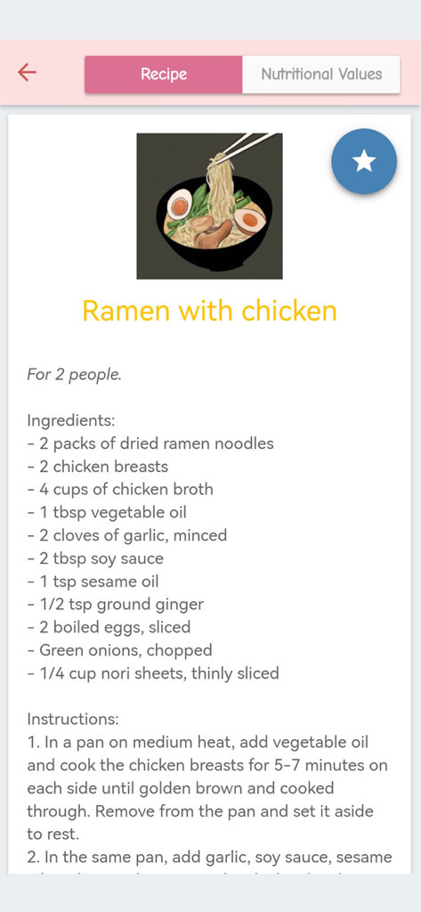 Robot Chef - Quick recipes - Captura de pantalla de la aplicación Robot Chef mostrando una receta generada por IA para Ramen con pollo, incluyendo una ilustración y una lista de ingredientes