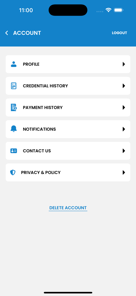 L'écran des paramètres du compte de l'application OMobile montrant les options de menu pour l'historique des certifications du profil et l'historique des paiements.