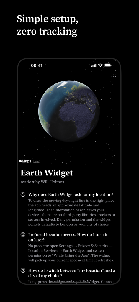 Earth Widget - Earth Widget app interface showing a 3D globe visualization and privacy information regarding location access and setup.