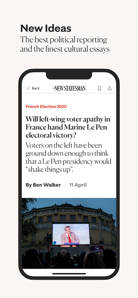 New Statesman Magazine - Smartphone displaying the New Statesman app with a political article about the French election.