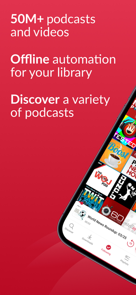 Player FM app screenshot highlighting a library of 50 million podcasts and videos with offline automation features