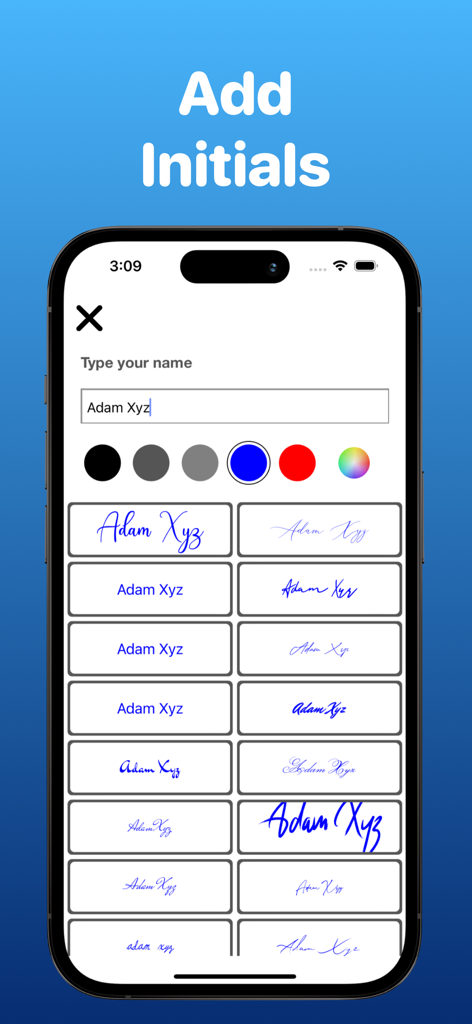 Signature Maker - eSign PDF - Digitale Signatur-App-Bildschirm mit verschiedenen handgeschriebenen Schriftarten für einen getippten Namen