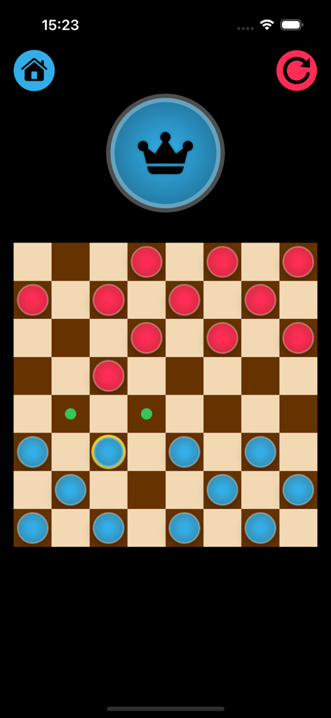 Pantalla de juego de Damas mostrando un tablero clásico con piezas azules y rojas e indicadores de movimiento.