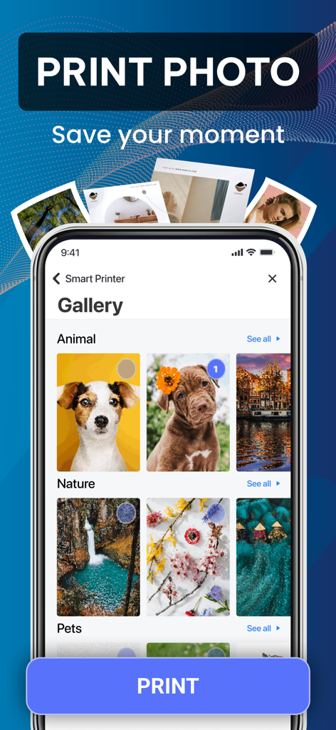 Smart Air Print App & Scan - Interfaz de la galería de fotos de la aplicación Smart Air Print mostrando categorías para animales y naturaleza con una imagen seleccionada para imprimir