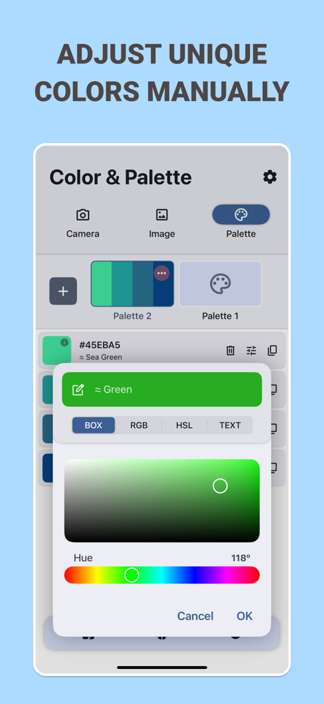 Manual color adjustment interface featuring a green color picker and hue slider