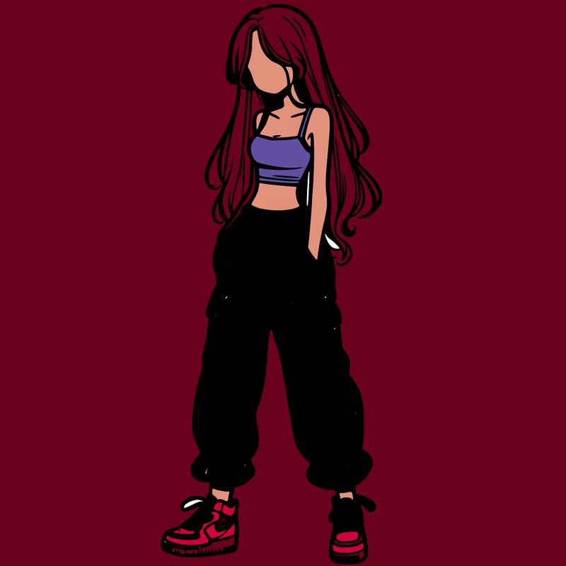 girl in baggy pants crop top and long hair