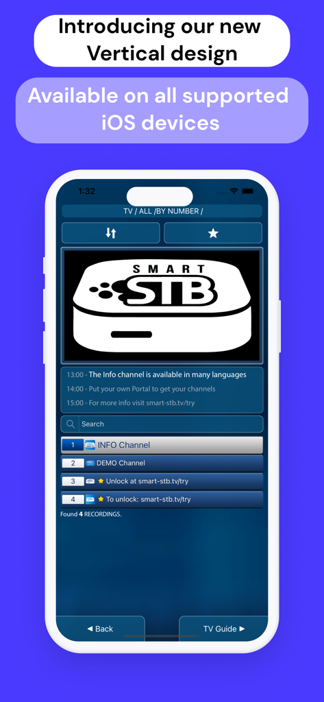Smart STB app interface on iPhone featuring a vertical design and IPTV channel list