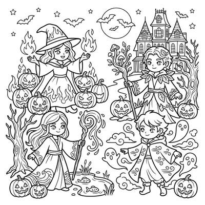 Dive into a world where magic meets Halloween with this captivating coloring page featuring four Elemental Mages. Join them as they conjure spells amidst glowing jack-o'-lanterns, playful ghosts, and a haunted house.