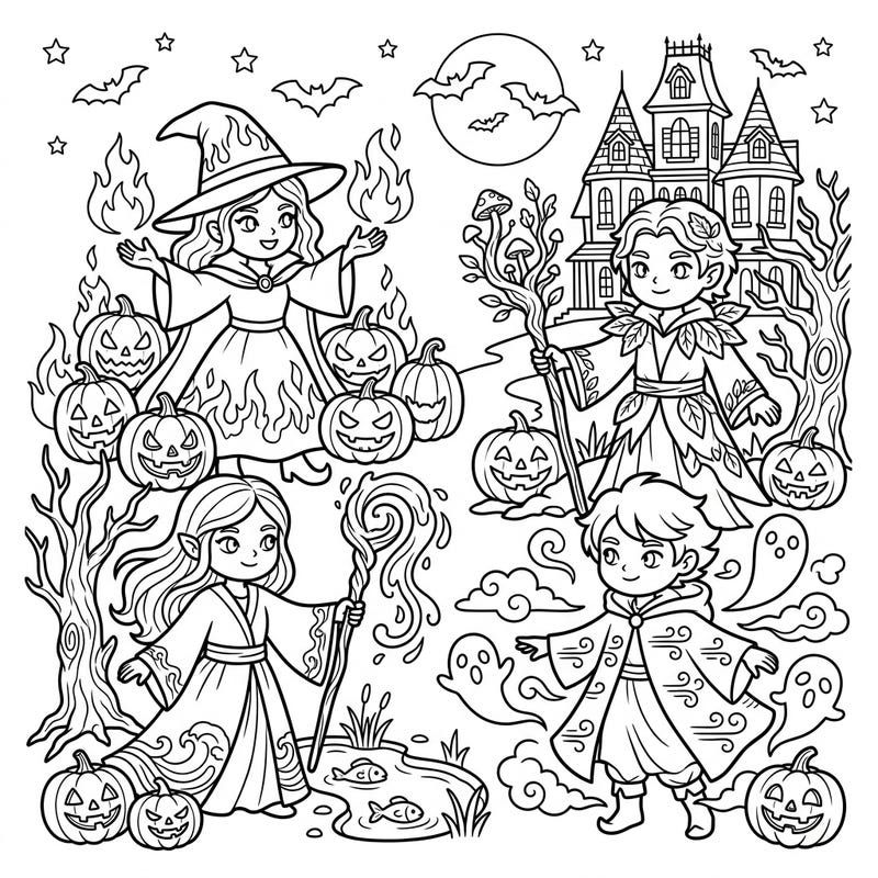 Dive into a world where magic meets Halloween with this captivating coloring page featuring four Elemental Mages. Join them as they conjure spells amidst glowing jack-o'-lanterns, playful ghosts, and a haunted house.