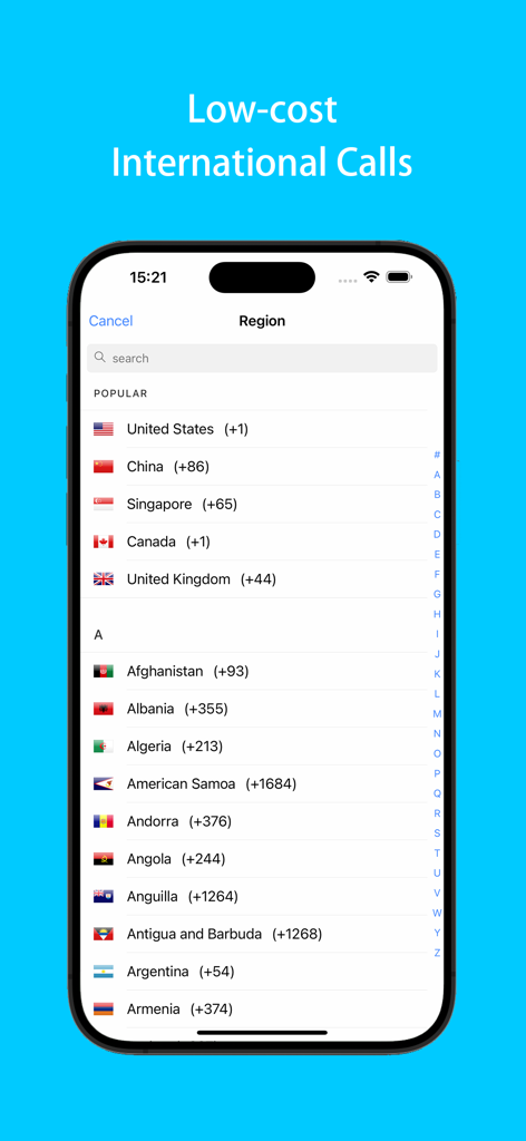 LivePhone app screen showing a list of countries and their dialing codes for international calls