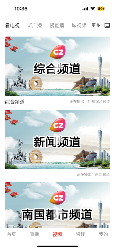 花城+ - Huacheng Plus app interface showing a list of Guangzhou television and news channels