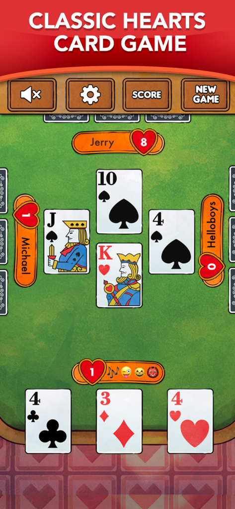 Hearts - Card Game Classic - A gameplay screen of Hearts Card Game Classic with large cards and AI opponents on a green felt background