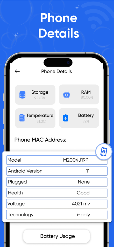 All Router Wifi Admin Setup - Phone details screen showing storage ram temperature and battery status