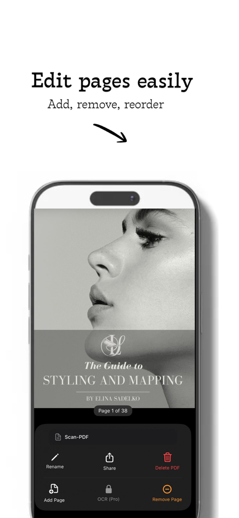 PDF Scanner & OCR - iPhone-Bildschirm, der die PDF Scanner App-Oberfläche mit Optionen zum Hinzufügen, Entfernen und Neuanordnen von Dokumentenseiten zeigt