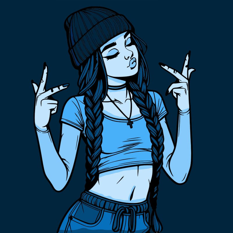 realistic teenage girl with braids and a beanie and crop top doing 🫶🏼