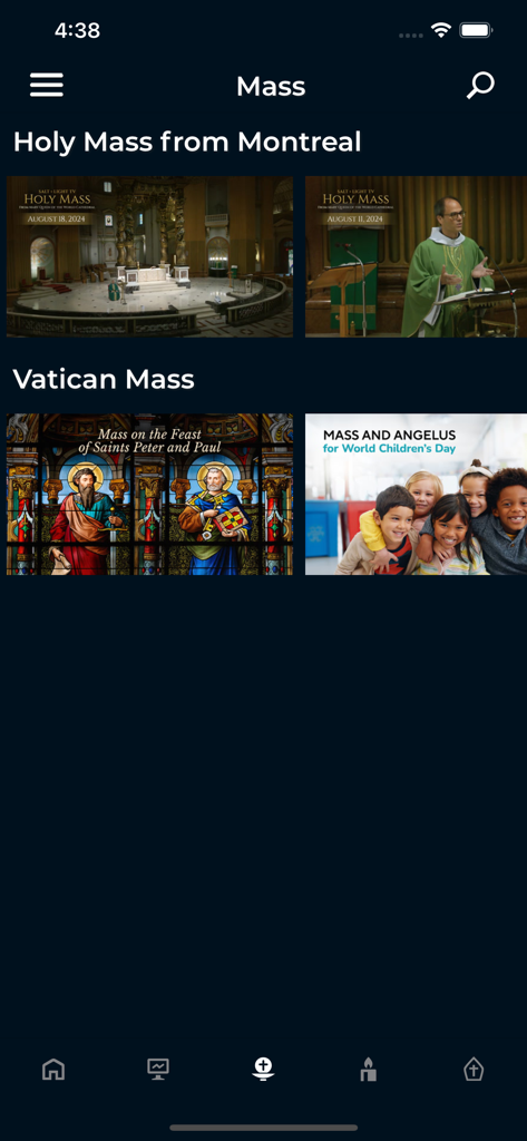 Salt + Light Plus - Salt and Light Plus app screen featuring Catholic Mass videos from Montreal and the Vatican