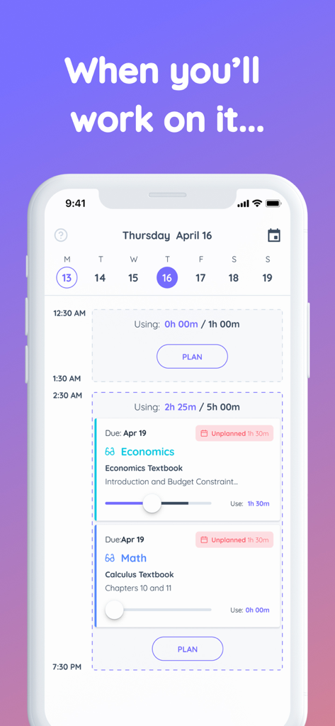 Daily study schedule view in the Shovel app showing time-blocked tasks for Economics and Math
