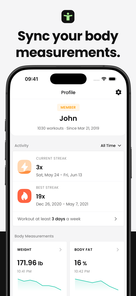 FitHero app profile screen showing body weight and body fat percentage tracking with activity streaks.