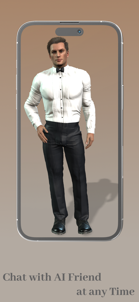 My AI Friend - Virtual Chatbot - A 3D male AI companion avatar on a smartphone screen wearing a formal shirt and bow tie