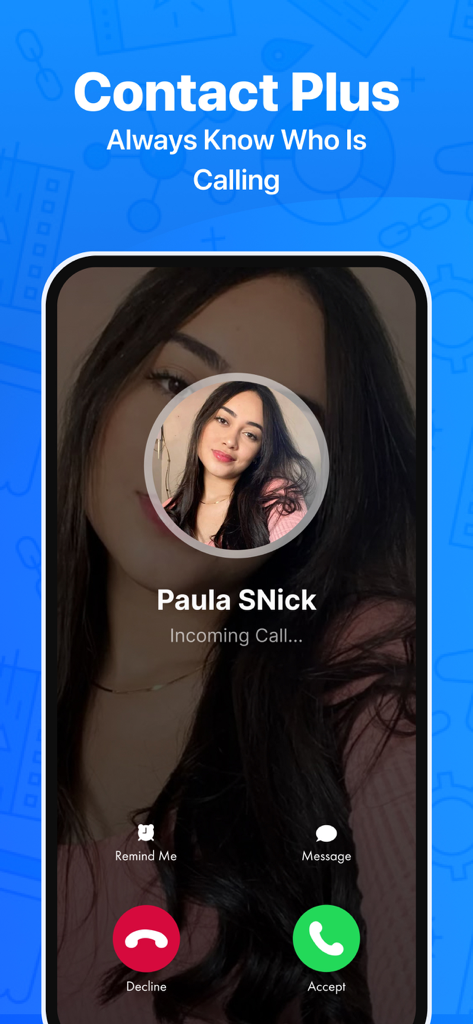 Contact Pro Desk - An incoming call screen on the Contact Pro Desk app showing a caller named Paula SNick with decline and accept buttons.