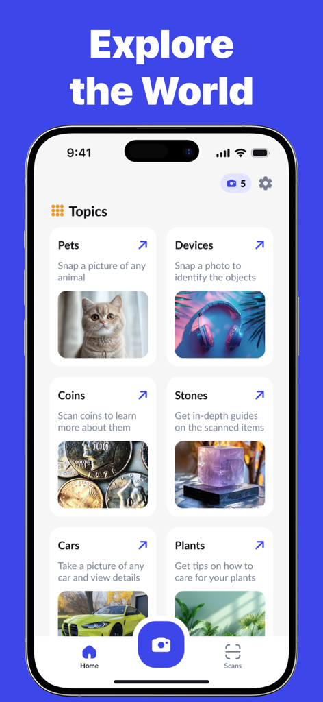 AI Scanner app home screen featuring identification categories for pets devices coins and plants