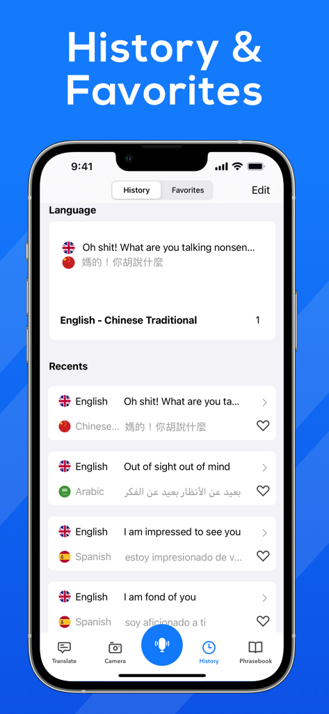 Translator : Translate Voice - Pantalla móvil mostrando el historial de traducciones y frases favoritas en varios idiomas.