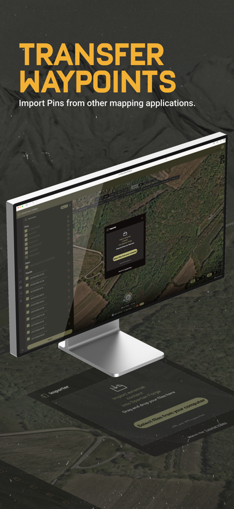 A computer monitor showing the Spartan Forge web application with a waypoint import dialog box open over a satellite hunting map.