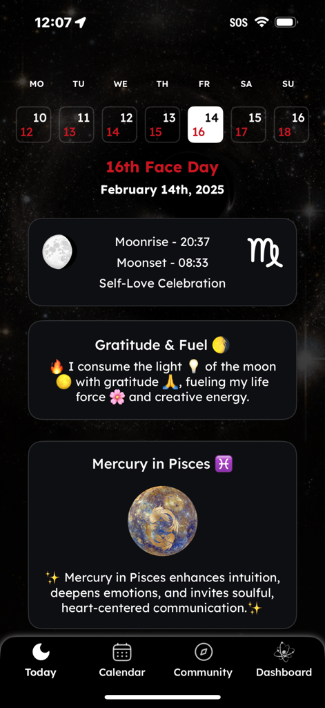 Interface de l'application Lightbody Calendrier Lunaire de 13 Lunes présentant les aperçus lunaires quotidiens, les conseils astrologiques de Mercure en Poissons et les rituels de bien-être.