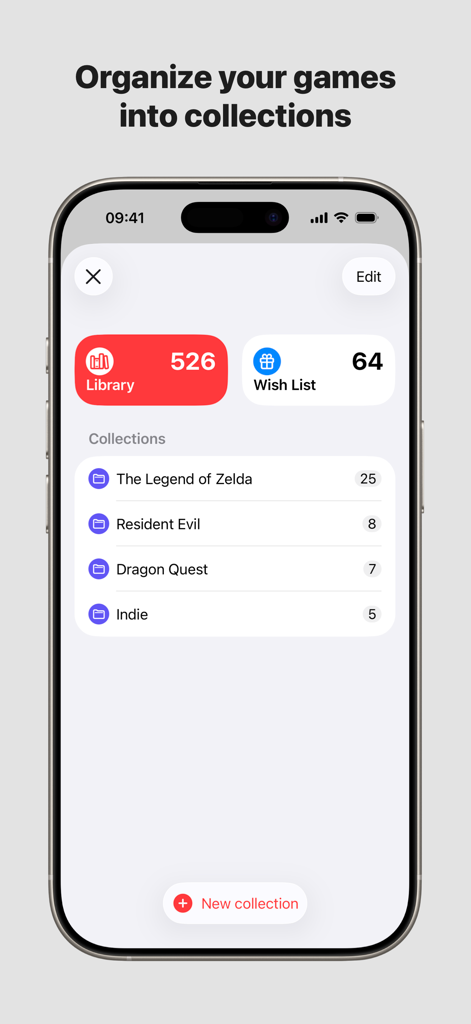 Dashboard of the Games Collection manager app showing game library statistics and custom collections on iPhone