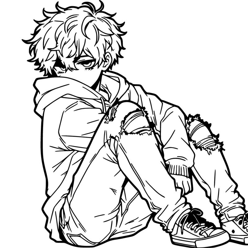 a male hoddie ripped jeans messy hair anime