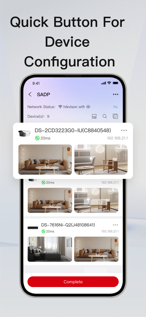 Smartphone screen showing the Hik-Partner Pro SADP tool for quick security camera configuration and network management