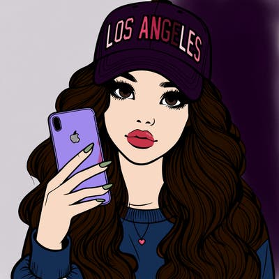 realistic beautiful girl wearing los ángeles cap holding an iphone