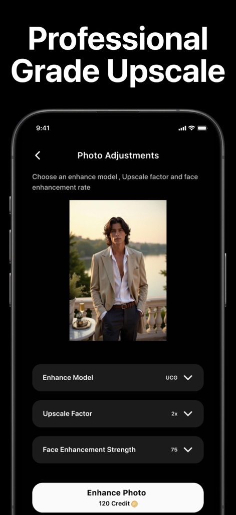 Video Enhancer Photo AI - Tela do aplicativo móvel mostrando configurações de ajuste de fotos para ampliação profissional e aprimoramento facial